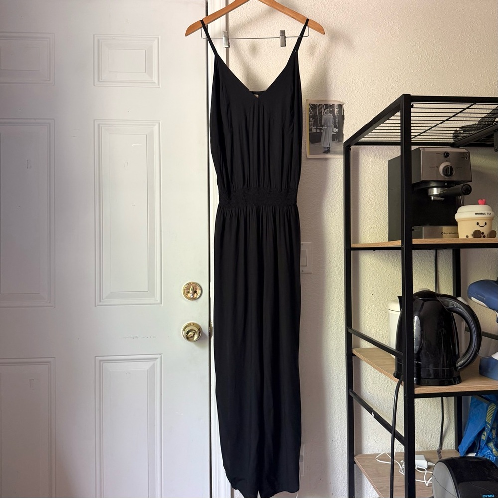 KHUSH black smocked waist rayon tulip hem cropped sleeveless jumpsuit